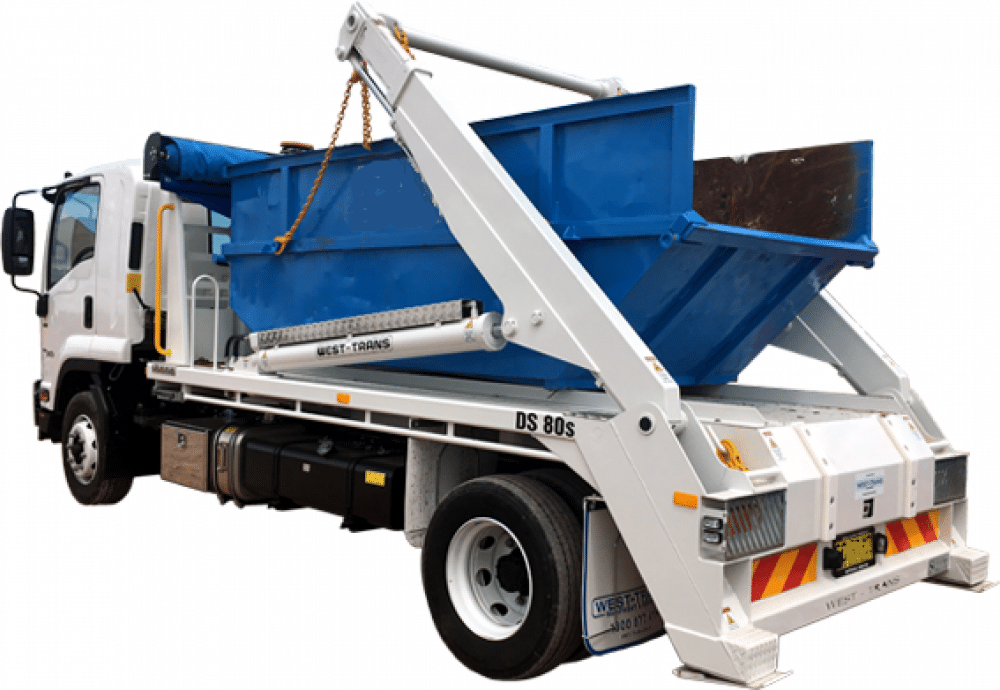Image of a large skip bins on a back of a truck for transportation.