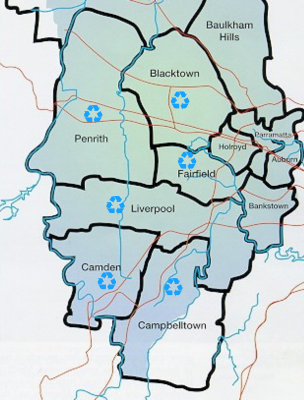 Map showing service area for waste within Sydney.